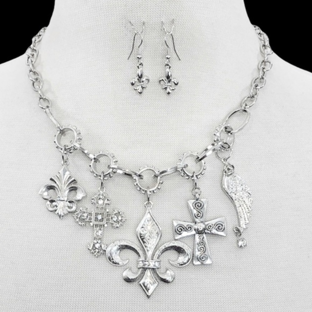 Fleur De Lis Cross Feather Chunky Necklace Set